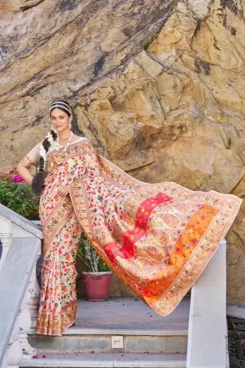 Pure Jamewar Kashmiri Modal Handloom Weaving Work Kanchipuram Paithani Silk saree, Cream Off White Colour