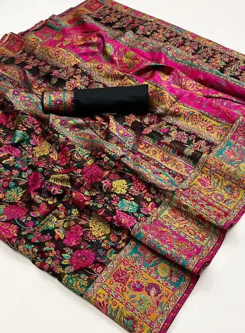 Pure Jamewar Kashmiri Modal Handloom Weaving Work Kanchipuram Paithani Silk saree, Black Colour