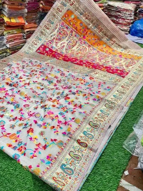 Pure Jamewar Kashmiri Modal Handloom Weaving Work Kanchipuram Paithani Silk saree, Cream Off White Colour