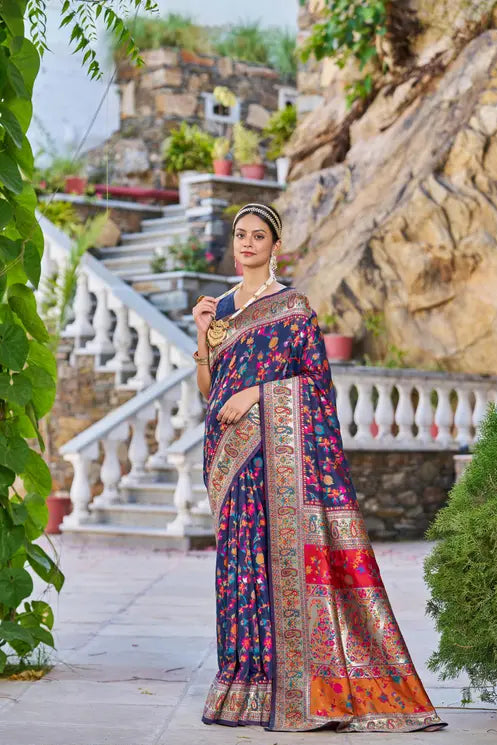 Paithani Cotton Silk Blue Zari Border Saree With Blouse