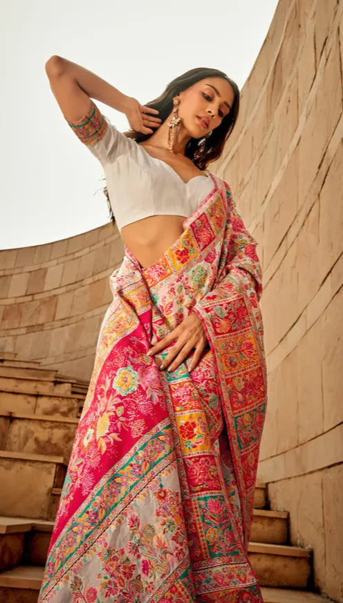 Pure Jamewar Kashmiri Modal Handloom Weaving Work Kanchipuram Paithani Silk saree, White Colour
