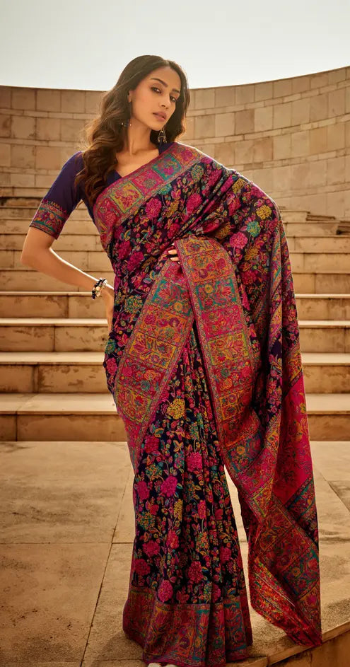 Pure Jamewar Kashmiri Modal Handloom Weaving Work Kanchipuram Paithani Silk saree, Navy Blue Colour