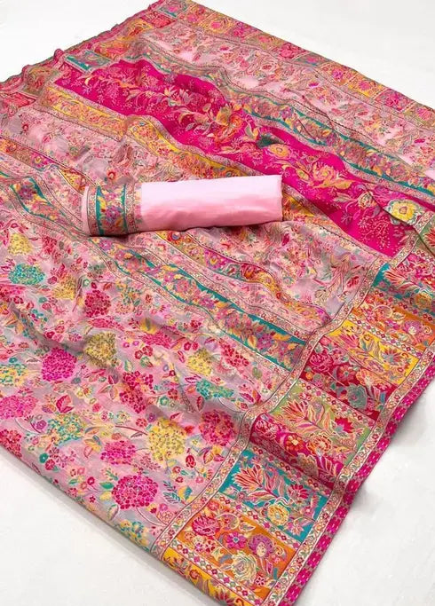 Pure Jamewar Kashmiri Modal Handloom Weaving Work Kanchipuram Paithani Silk saree, Baby Pink Colour