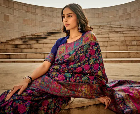 Pure Jamewar Kashmiri Modal Handloom Weaving Work Kanchipuram Paithani Silk saree, Navy Blue Colour