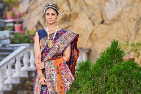 Paithani Cotton Silk Blue Zari Border Saree With Blouse