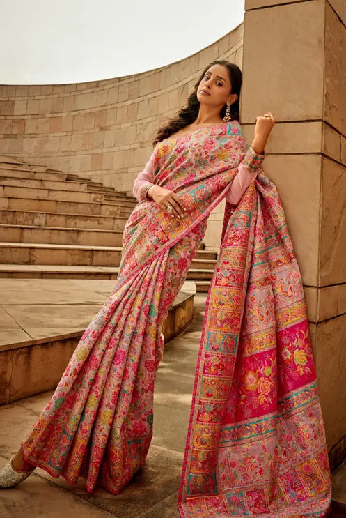 Pure Jamewar Kashmiri Modal Handloom Weaving Work Kanchipuram Paithani Silk saree, Baby Pink Colour