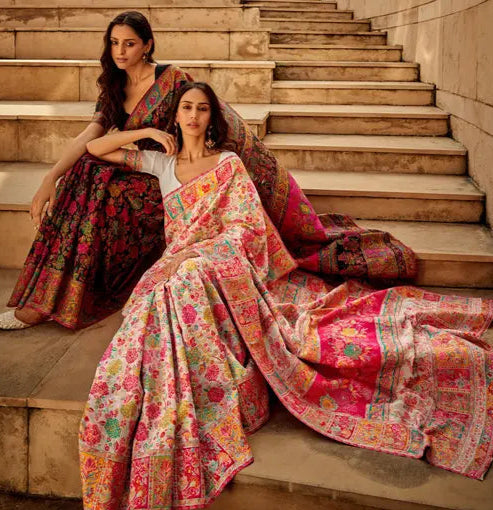 Pure Jamewar Kashmiri Modal Handloom Weaving Work Kanchipuram Paithani Silk saree, White Colour