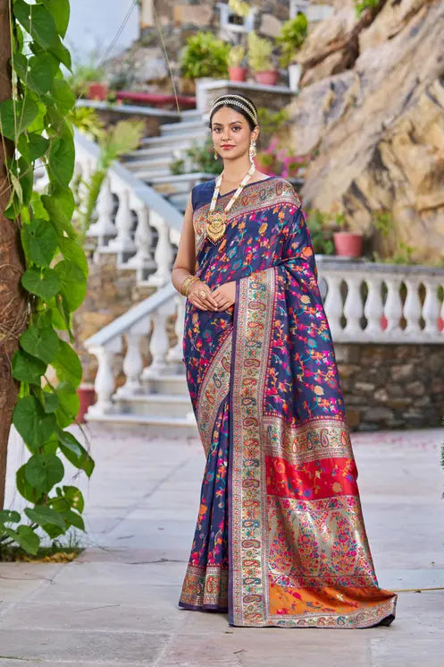 Paithani Cotton Silk Blue Zari Border Saree With Blouse
