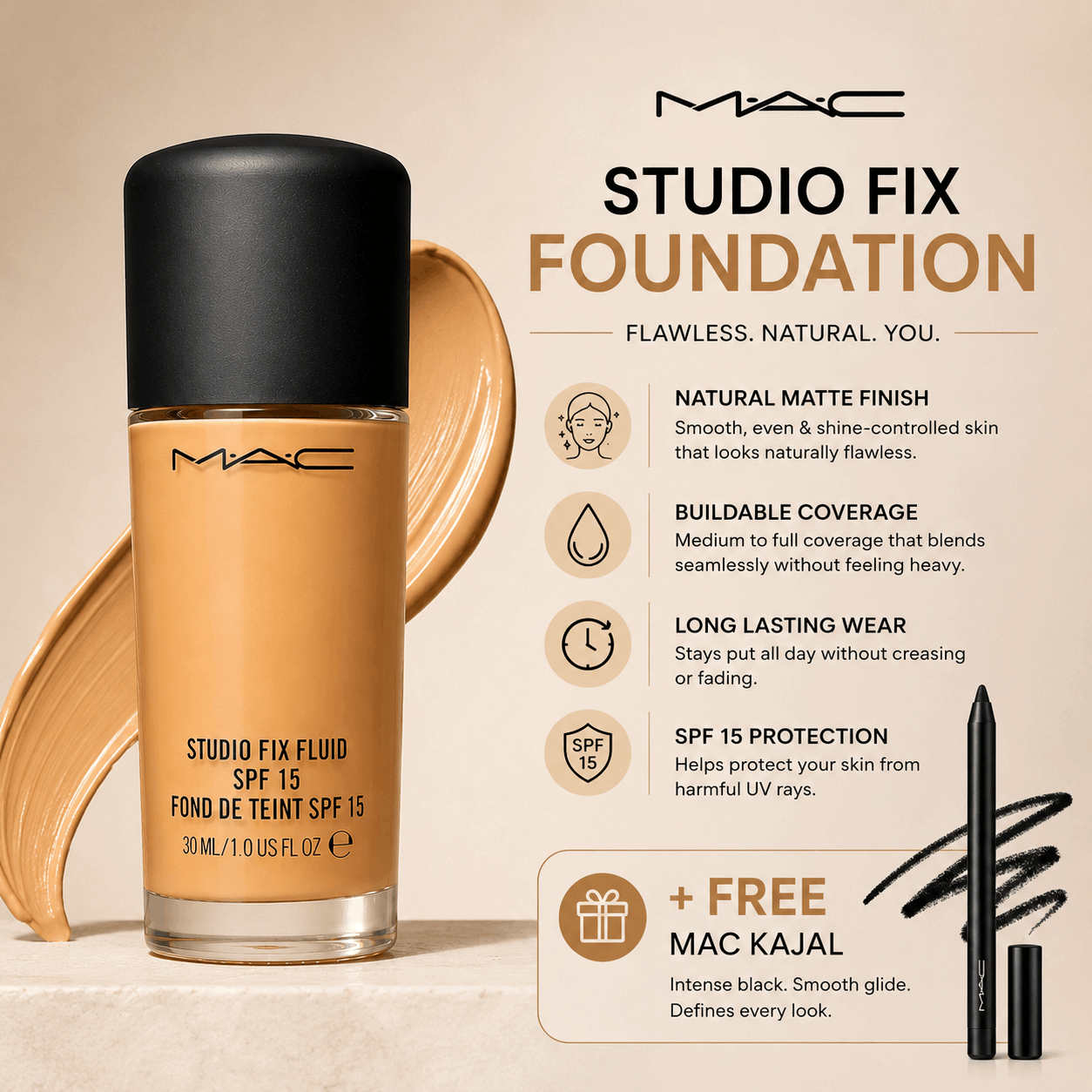 MAC Studio Fix Fluid Foundation SPF 15 – Get MAC Kajal FREE