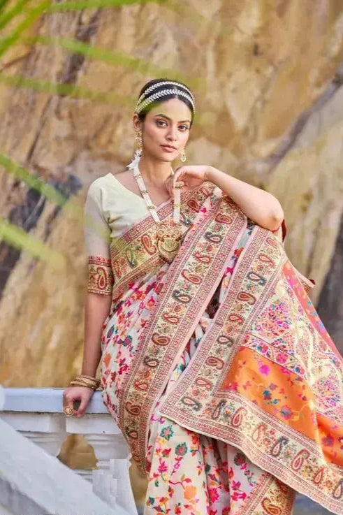 Pure Jamewar Kashmiri Modal Handloom Weaving Work Kanchipuram Paithani Silk saree, Cream Off White Colour