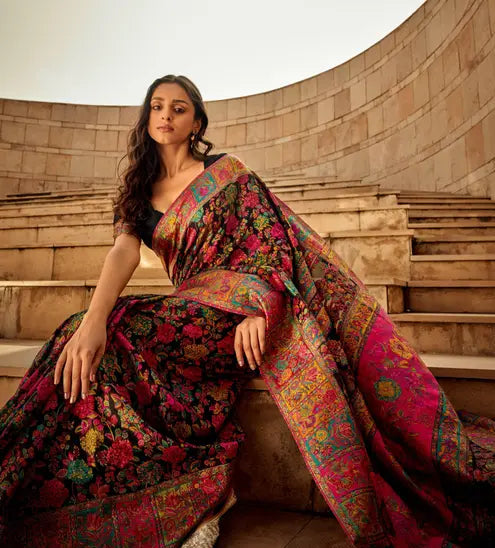 Pure Jamewar Kashmiri Modal Handloom Weaving Work Kanchipuram Paithani Silk saree, Black Colour