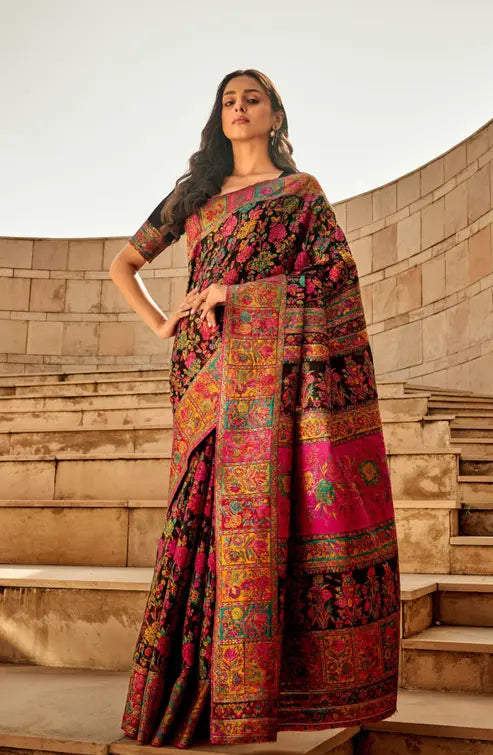 Pure Jamewar Kashmiri Modal Handloom Weaving Work Kanchipuram Paithani Silk saree, Black Colour