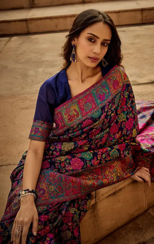 Pure Jamewar Kashmiri Modal Handloom Weaving Work Kanchipuram Paithani Silk saree, Navy Blue Colour