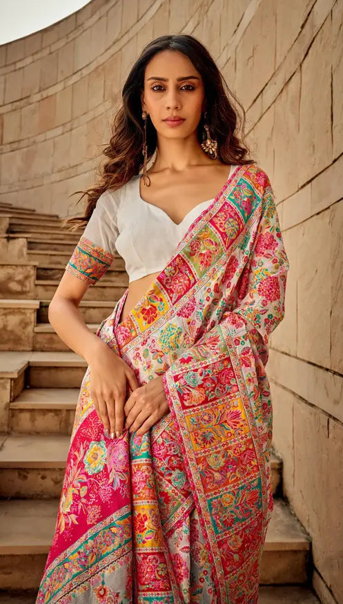 Pure Jamewar Kashmiri Modal Handloom Weaving Work Kanchipuram Paithani Silk saree, White Colour