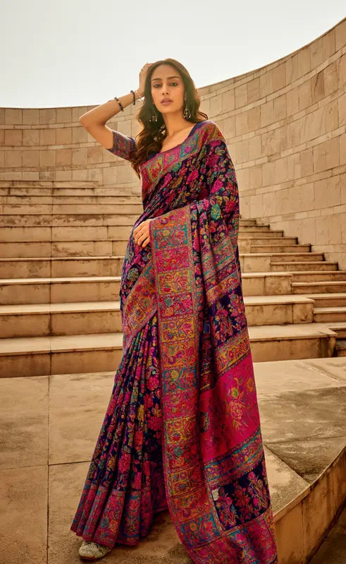 Pure Jamewar Kashmiri Modal Handloom Weaving Work Kanchipuram Paithani Silk saree, Navy Blue Colour