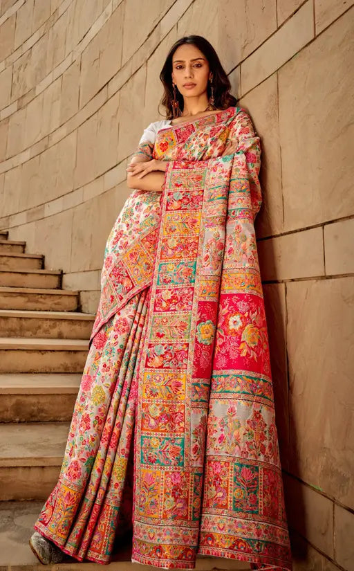 Pure Jamewar Kashmiri Modal Handloom Weaving Work Kanchipuram Paithani Silk saree, White Colour